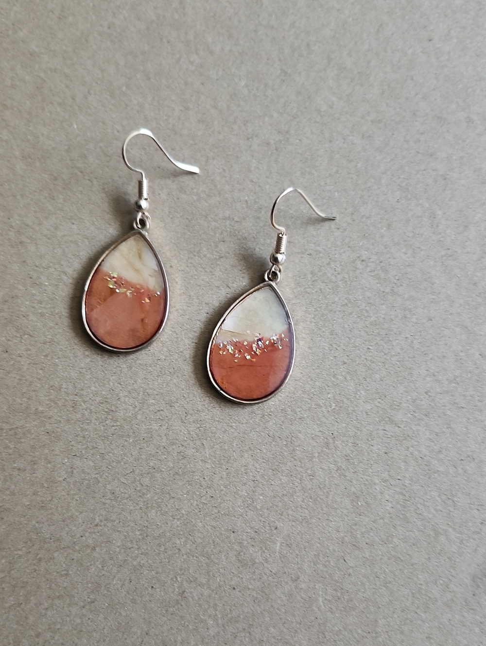 Peach and Cream Teardrop Earrings with Gold Flakes